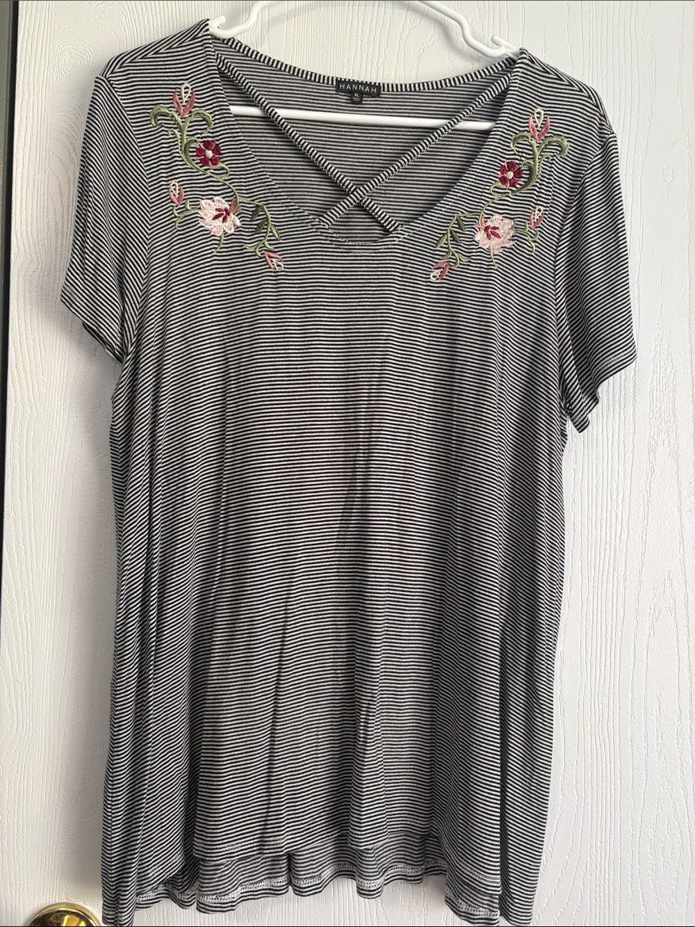 Hannah Black & White Striped Tee with Pink Floral Embroidery